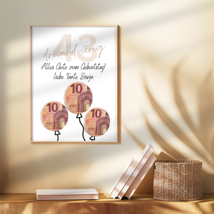 Personalisierbares Geldgeschenk zum Geburtstag mit Name & Alter. Digitaler Download zum Ausdrucken – kreatives Last-Minute-Geschenk für jeden Anlass.