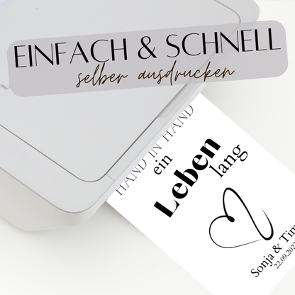 Personalisiertes Hochzeits-Poster „Hand in Hand – ein Leben lang“. Digitaler Download, individuell mit Namen & Datum. Sofort ausdrucken – perfektes Last-Minute Geschenk zur Hochzeit, Verlobung oder zum Jahrestag.