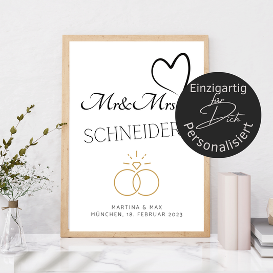 Personalisierbares „Mr & Mrs“-Hochzeitsposter als PDF-Download. Individuell mit Namen, Datum & Ort. Zum Ausdrucken – ideales Last Minute Hochzeitsgeschenk.