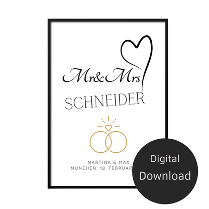 Personalisierbares „Mr & Mrs“-Hochzeitsposter als PDF-Download. Individuell mit Namen, Datum & Ort. Zum Ausdrucken – ideales Last Minute Hochzeitsgeschenk.