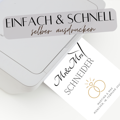 Personalisierbares „Mr & Mrs“-Hochzeitsposter als PDF-Download. Individuell mit Namen, Datum & Ort. Zum Ausdrucken – ideales Last Minute Hochzeitsgeschenk.
