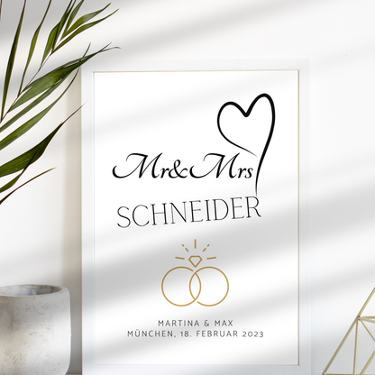 Personalisierbares „Mr & Mrs“-Hochzeitsposter als PDF-Download. Individuell mit Namen, Datum & Ort. Zum Ausdrucken – ideales Last Minute Hochzeitsgeschenk.