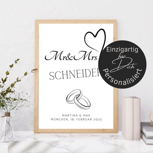 Personalisierbares Hochzeitsposter "Mr & Mrs" mit Eheringen als Digitaler Download. Last Minute Geschenkidee – einfach selbst ausdrucken.