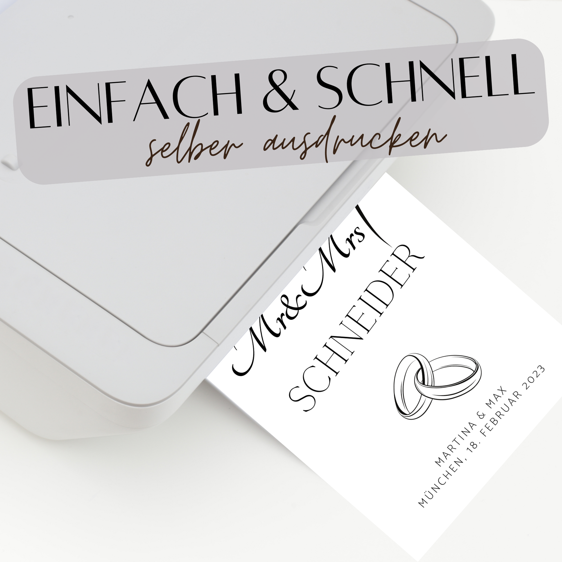 Personalisierbares Hochzeitsposter "Mr & Mrs" mit Eheringen als Digitaler Download. Last Minute Geschenkidee – einfach selbst ausdrucken.