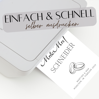 Personalisierbares Hochzeitsposter "Mr & Mrs" mit Eheringen als Digitaler Download. Last Minute Geschenkidee – einfach selbst ausdrucken.
