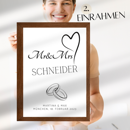 Personalisierbares Hochzeitsposter "Mr & Mrs" mit Eheringen als Digitaler Download. Last Minute Geschenkidee – einfach selbst ausdrucken.