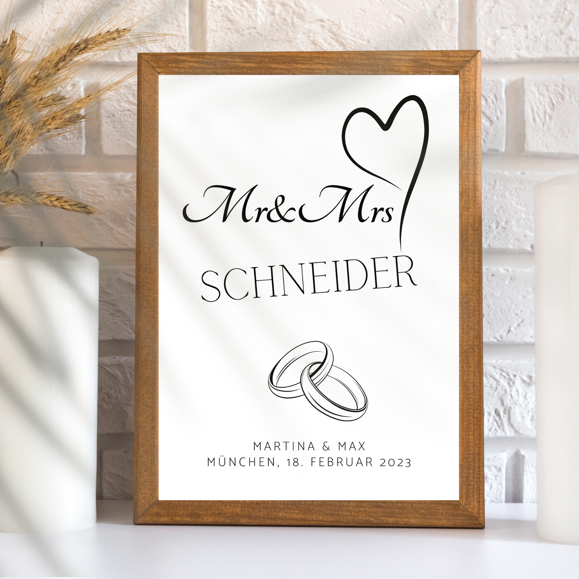 Personalisierbares Hochzeitsposter "Mr & Mrs" mit Eheringen als Digitaler Download. Last Minute Geschenkidee – einfach selbst ausdrucken.