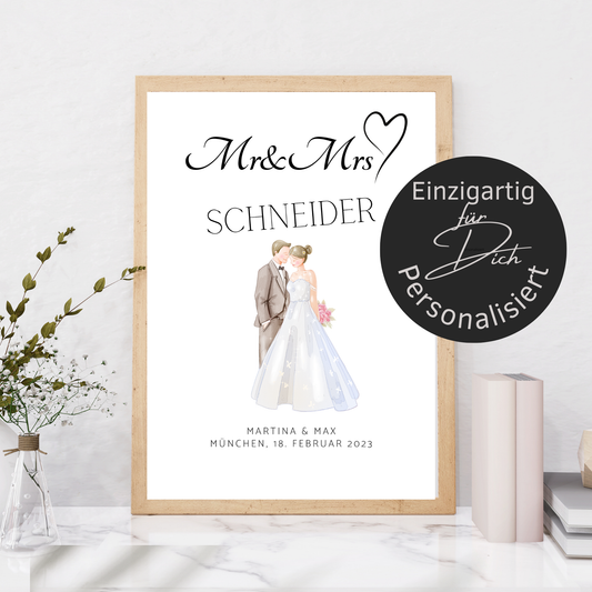 Personalisierbares Hochzeitsposter "Mr & Mrs" – Brautpaar-Motiv als digitaler Download. Last-Minute-Geschenk zum Ausdrucken & Einrahmen.

