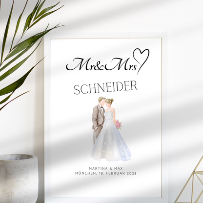 Personalisierbares Hochzeitsposter "Mr & Mrs" – Brautpaar-Motiv als digitaler Download. Last-Minute-Geschenk zum Ausdrucken & Einrahmen.

