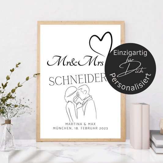 Personalisierbares Hochzeitsposter „Mr & Mrs“ mit Herz & Brautpaar. Digitaler Download, Last Minute Geschenkidee – jetzt individuell gestalten.