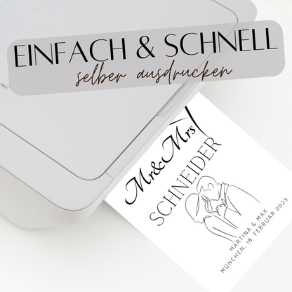 Personalisierbares Hochzeitsposter „Mr & Mrs“ mit Herz & Brautpaar. Digitaler Download, Last Minute Geschenkidee – jetzt individuell gestalten.