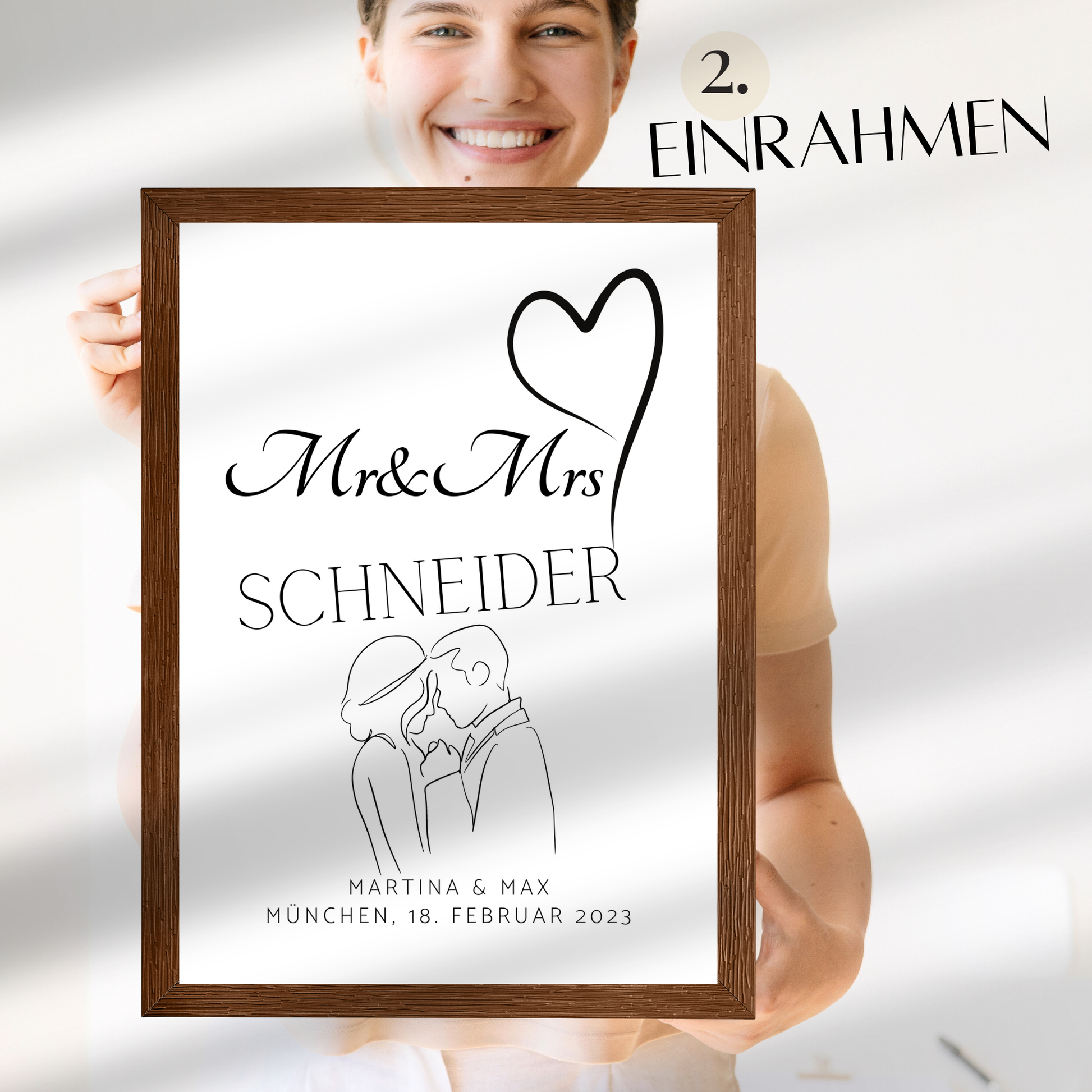 Personalisierbares Hochzeitsposter „Mr & Mrs“ mit Herz & Brautpaar. Digitaler Download, Last Minute Geschenkidee – jetzt individuell gestalten.