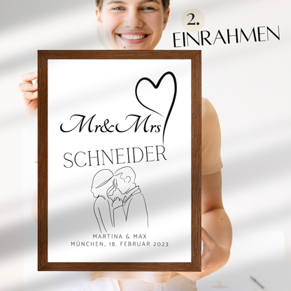 Personalisierbares Hochzeitsposter „Mr & Mrs“ mit Herz & Brautpaar. Digitaler Download, Last Minute Geschenkidee – jetzt individuell gestalten.