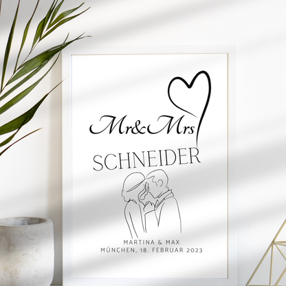 Personalisierbares Hochzeitsposter „Mr & Mrs“ mit Herz & Brautpaar. Digitaler Download, Last Minute Geschenkidee – jetzt individuell gestalten.
