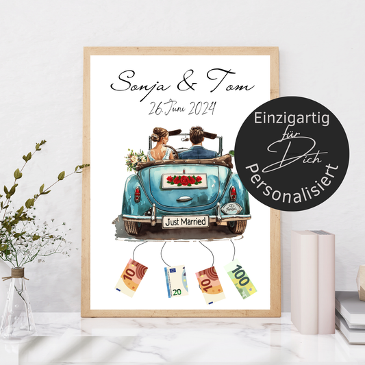 Personalisierte Geldgeschenk-Vorlage Hochzeit mit Hochzeitsauto & Brautpaar. Digitaler Download zum Ausdrucken. Last-Minute-Geschenkidee.
