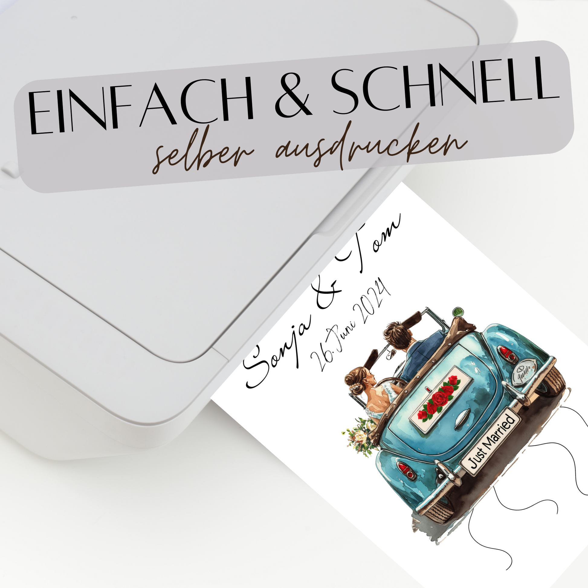 Personalisierte Geldgeschenk-Vorlage Hochzeit mit Hochzeitsauto & Brautpaar. Digitaler Download zum Ausdrucken. Last-Minute-Geschenkidee.