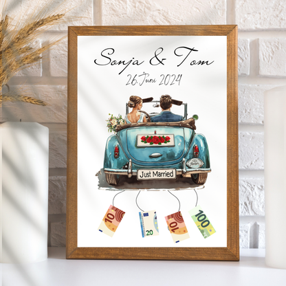 Personalisierte Geldgeschenk-Vorlage Hochzeit mit Hochzeitsauto & Brautpaar. Digitaler Download zum Ausdrucken. Last-Minute-Geschenkidee.