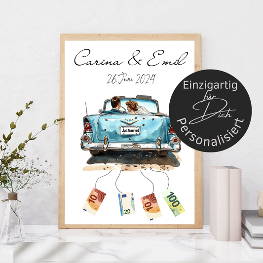 Personalisierbares Hochzeitsauto-Poster als Geldgeschenk. Digitaler Download, Last-Minute Geschenkidee für Hochzeitsreise. Einfach ausdrucken & verschenken.