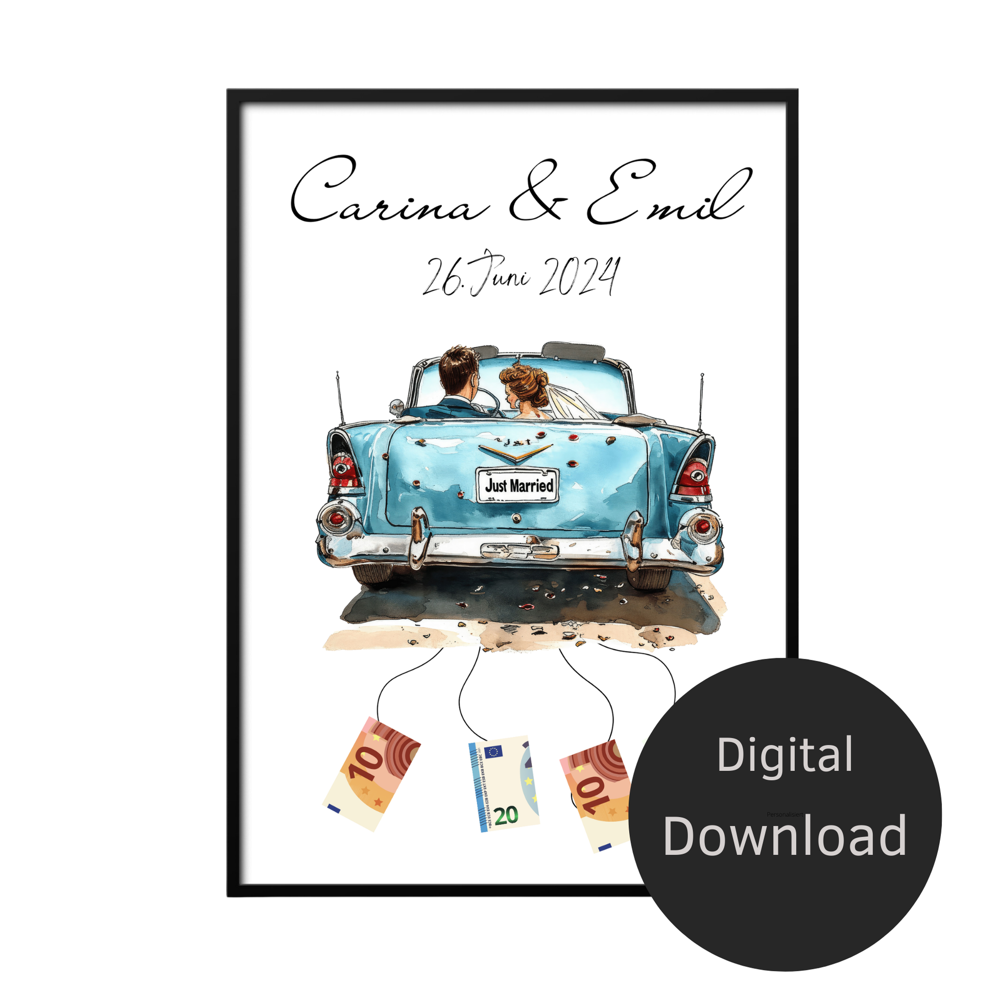 Personalisierbares Hochzeitsauto-Poster als Geldgeschenk. Digitaler Download, Last-Minute Geschenkidee für Hochzeitsreise. Einfach ausdrucken & verschenken.