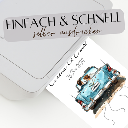 Personalisierbares Hochzeitsauto-Poster als Geldgeschenk. Digitaler Download, Last-Minute Geschenkidee für Hochzeitsreise. Einfach ausdrucken & verschenken.