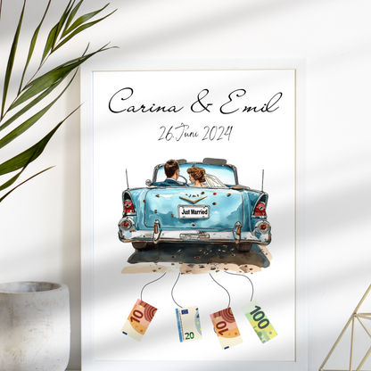 Personalisierbares Hochzeitsauto-Poster als Geldgeschenk. Digitaler Download, Last-Minute Geschenkidee für Hochzeitsreise. Einfach ausdrucken & verschenken.