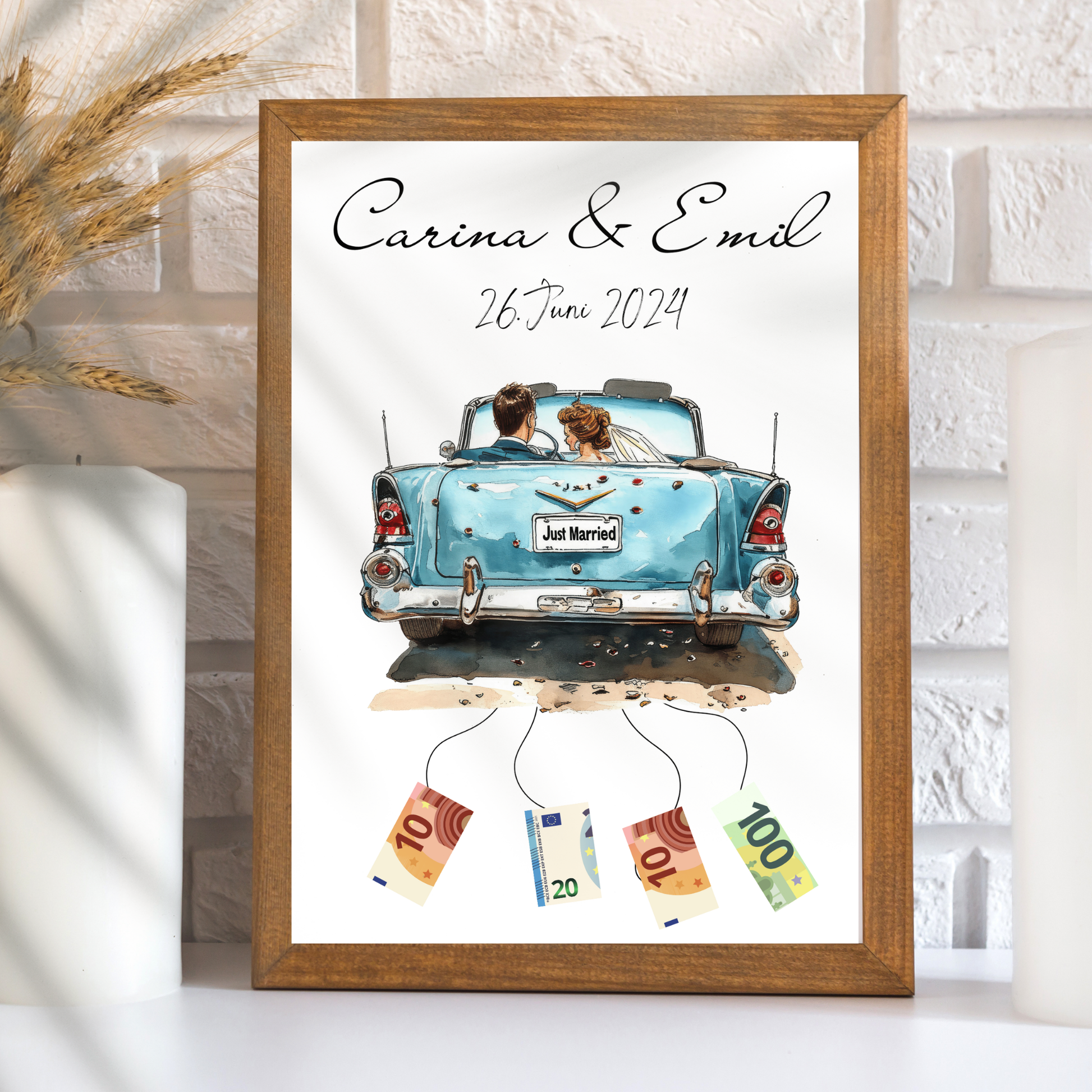 Personalisierbares Hochzeitsauto-Poster als Geldgeschenk. Digitaler Download, Last-Minute Geschenkidee für Hochzeitsreise. Einfach ausdrucken & verschenken.