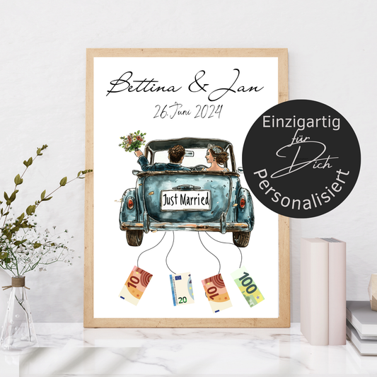 Personalisierbares Hochzeitsauto-Poster in Blau als Geldgeschenk. Sofort-Download, selbst ausdrucken & rahmen. Perfektes Last-Minute Hochzeitsgeschenk.