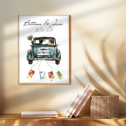 Personalisierbares Hochzeitsauto-Poster in Blau als Geldgeschenk. Sofort-Download, selbst ausdrucken & rahmen. Perfektes Last-Minute Hochzeitsgeschenk.