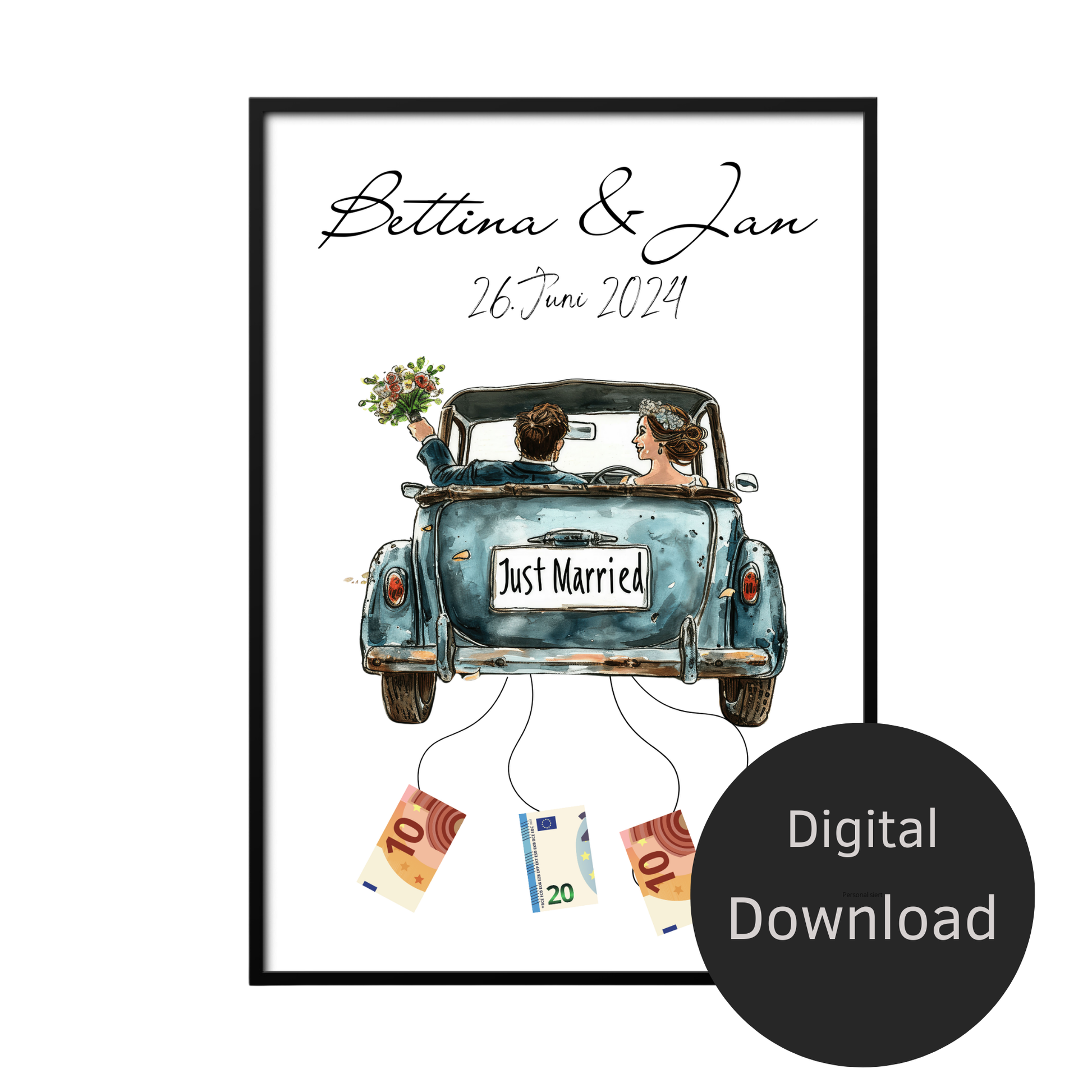 Personalisierbares Hochzeitsauto-Poster in Blau als Geldgeschenk. Sofort-Download, selbst ausdrucken & rahmen. Perfektes Last-Minute Hochzeitsgeschenk.