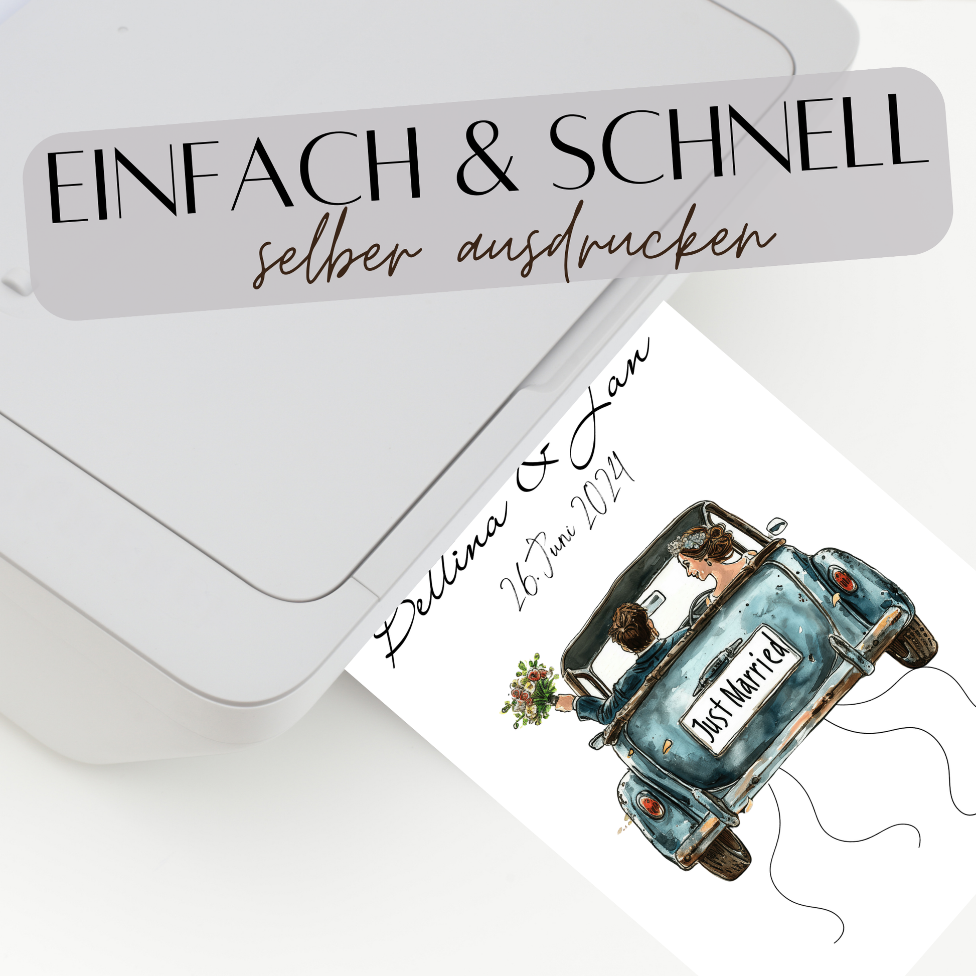 Personalisierbares Hochzeitsauto-Poster in Blau als Geldgeschenk. Sofort-Download, selbst ausdrucken & rahmen. Perfektes Last-Minute Hochzeitsgeschenk.