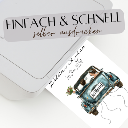 Personalisierbares Hochzeitsauto-Poster in Blau als Geldgeschenk. Sofort-Download, selbst ausdrucken & rahmen. Perfektes Last-Minute Hochzeitsgeschenk.