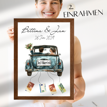 Personalisierbares Hochzeitsauto-Poster in Blau als Geldgeschenk. Sofort-Download, selbst ausdrucken & rahmen. Perfektes Last-Minute Hochzeitsgeschenk.