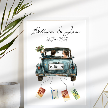 Personalisierbares Hochzeitsauto-Poster in Blau als Geldgeschenk. Sofort-Download, selbst ausdrucken & rahmen. Perfektes Last-Minute Hochzeitsgeschenk.