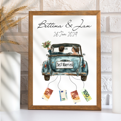 Personalisierbares Hochzeitsauto-Poster in Blau als Geldgeschenk. Sofort-Download, selbst ausdrucken & rahmen. Perfektes Last-Minute Hochzeitsgeschenk.