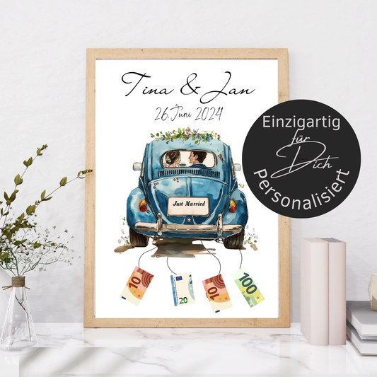 Personalisierbares Hochzeitsauto-Poster als Geldgeschenk. Sofort-Download, zum Ausdrucken & Einrahmen. Last Minute Hochzeitsgeschenkidee.