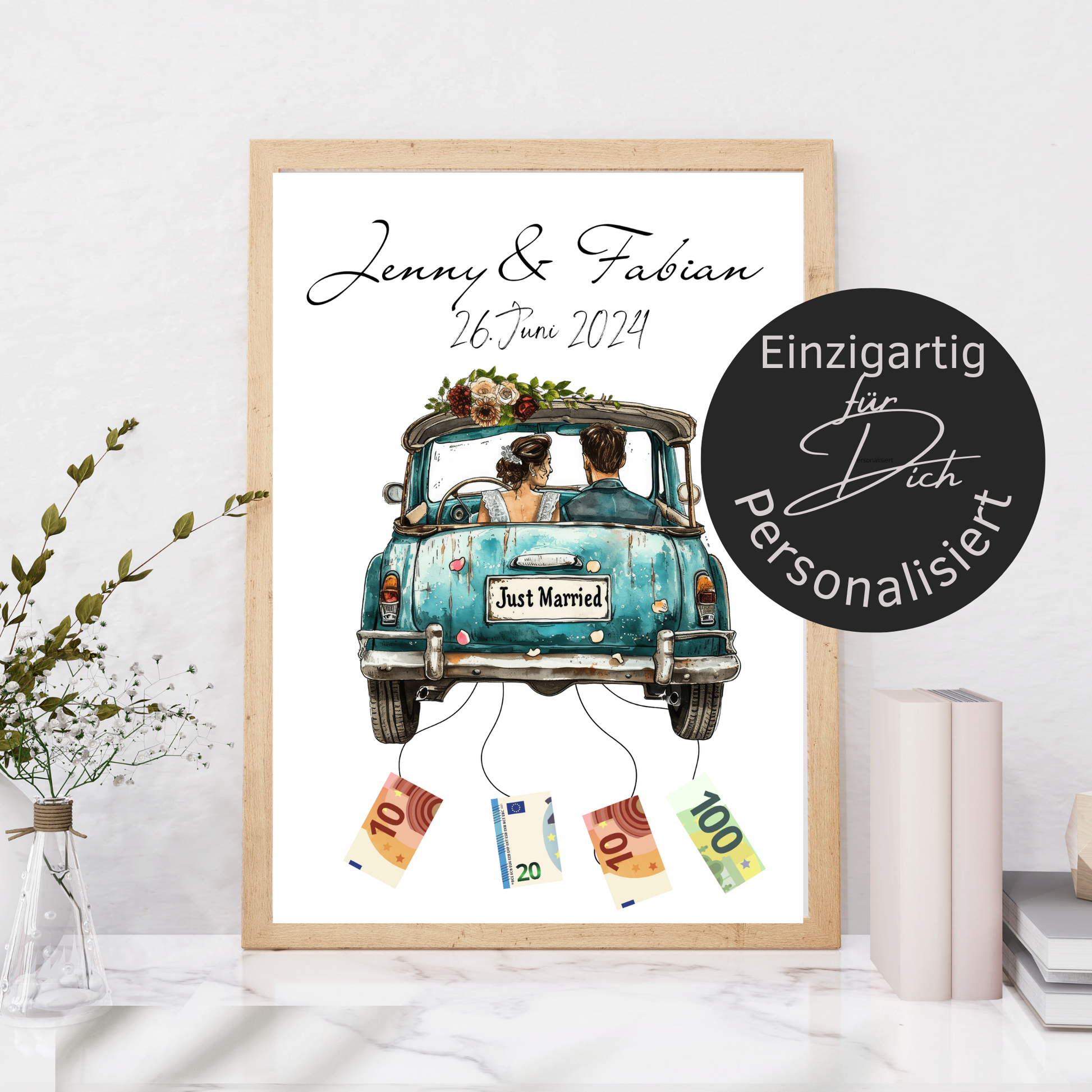 Kreatives Geldgeschenk zur Hochzeit – personalisiertes Hochzeitsauto-Poster als Digital-Download. Einfach ausdrucken, Geldscheine befestigen & einrahmen. Last-Minute-Geschenkidee für Hochzeitsreise.