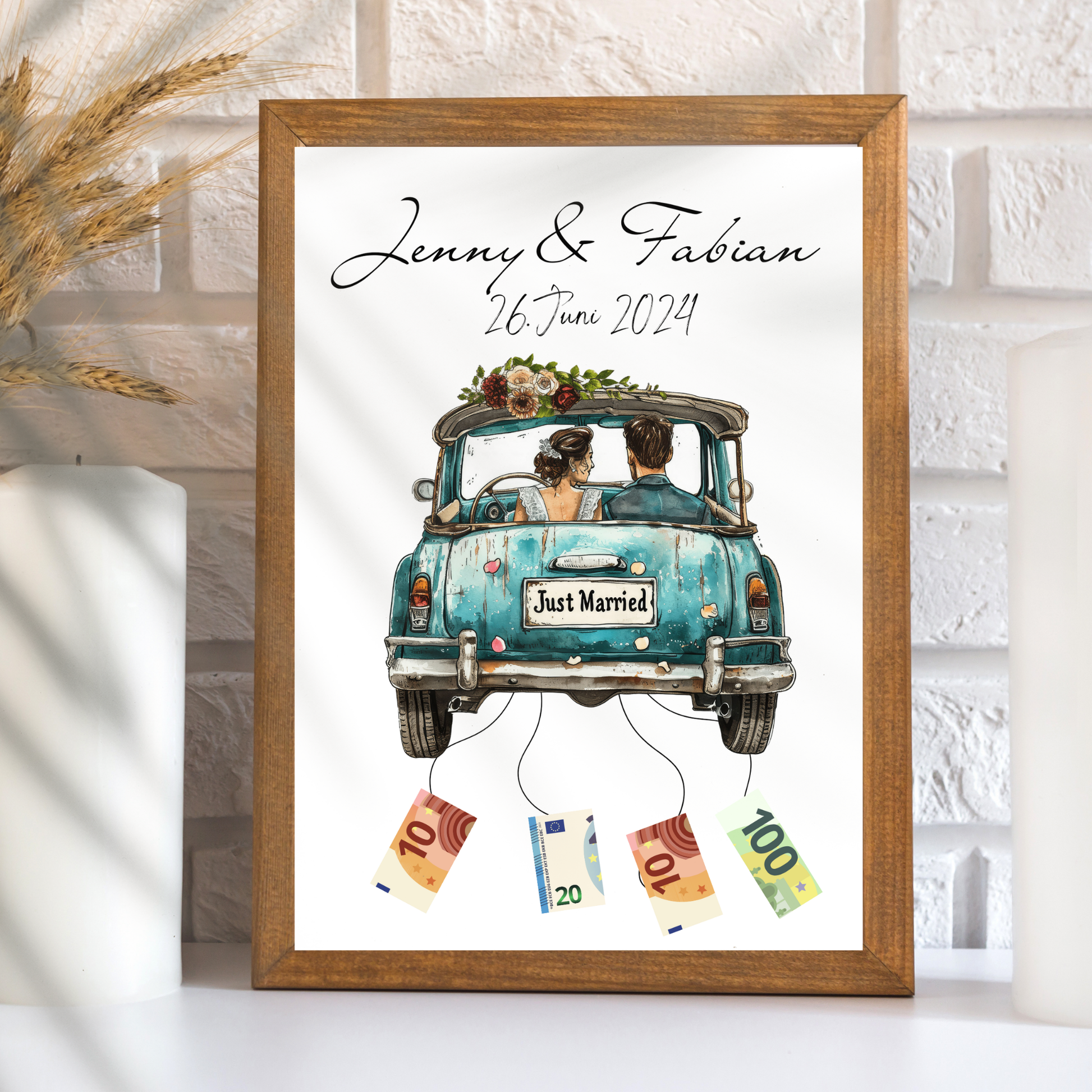 Kreatives Geldgeschenk zur Hochzeit – personalisiertes Hochzeitsauto-Poster als Digital-Download. Einfach ausdrucken, Geldscheine befestigen & einrahmen. Last-Minute-Geschenkidee für Hochzeitsreise.