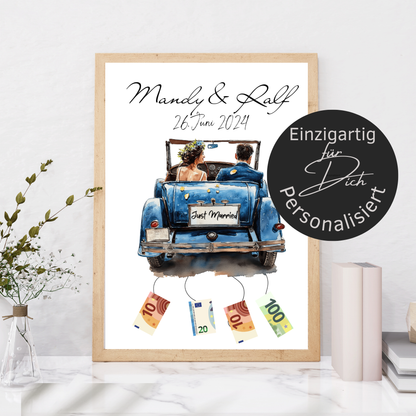 Personalisierbares Geldgeschenk zur Hochzeit mit Brautpaar im Auto. Digitaler Download, sofort ausdruckbar – perfekt für Hochzeitsreise & Last Minute.