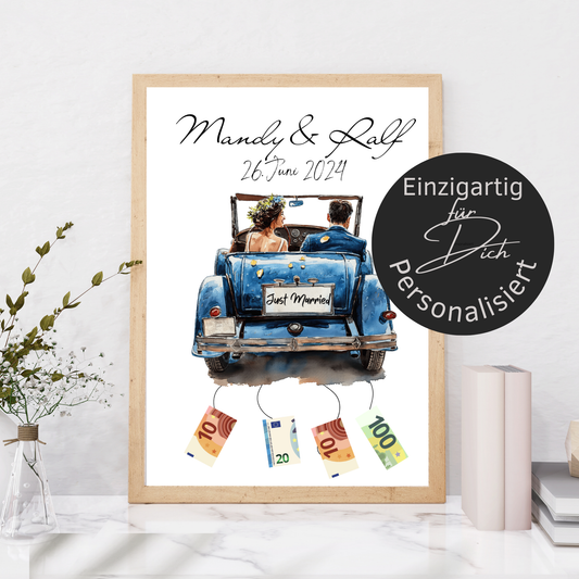 Personalisierbares Geldgeschenk zur Hochzeit mit Brautpaar im Auto. Digitaler Download, sofort ausdruckbar – perfekt für Hochzeitsreise & Last Minute.