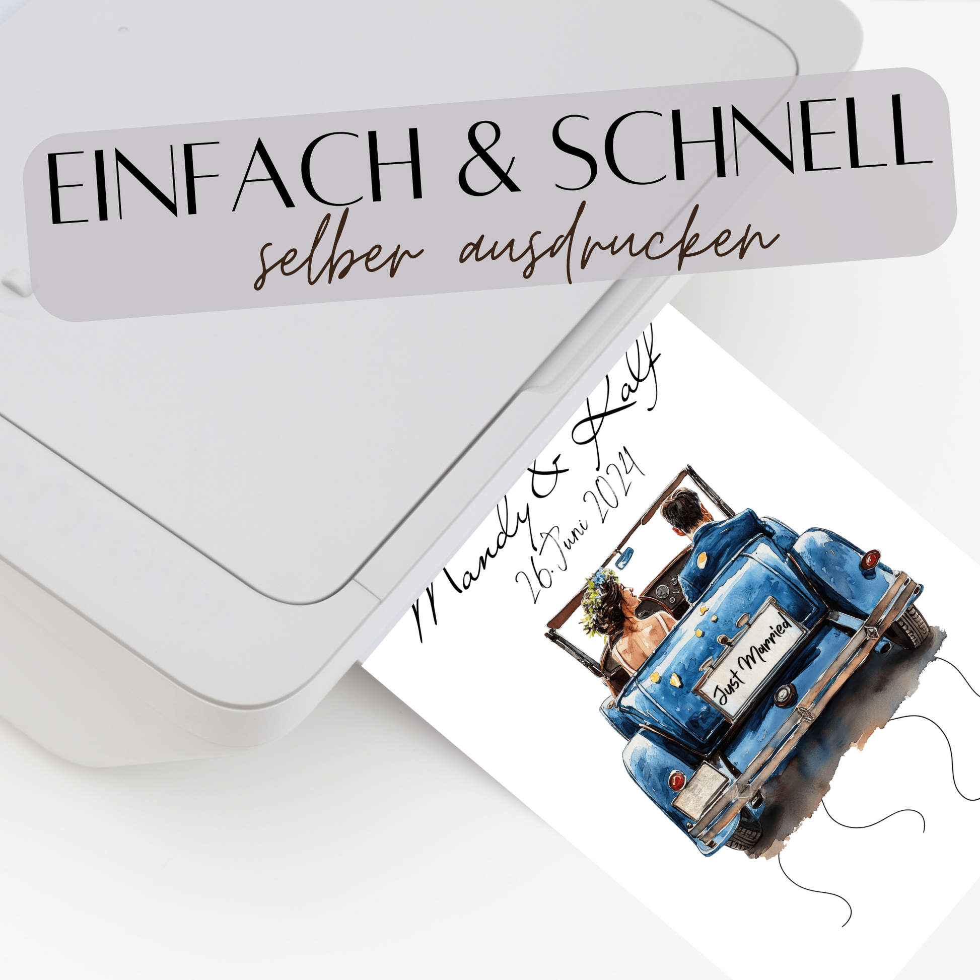 Personalisierbares Geldgeschenk zur Hochzeit mit Brautpaar im Auto. Digitaler Download, sofort ausdruckbar – perfekt für Hochzeitsreise & Last Minute.