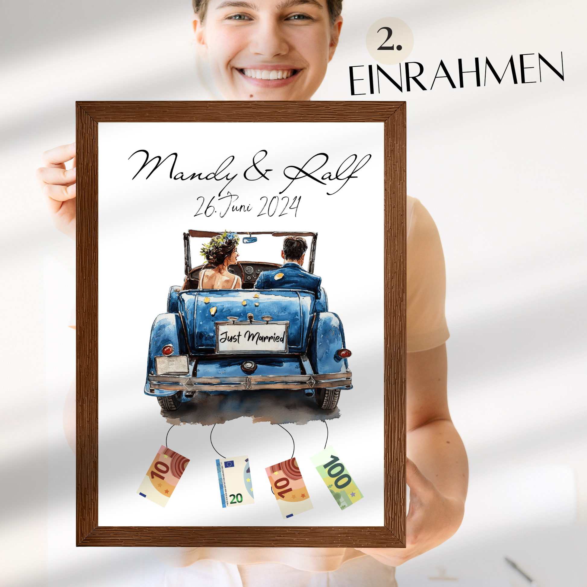 Personalisierbares Geldgeschenk zur Hochzeit mit Brautpaar im Auto. Digitaler Download, sofort ausdruckbar – perfekt für Hochzeitsreise & Last Minute.