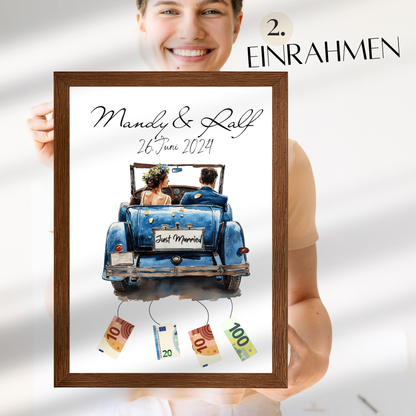 Personalisierbares Geldgeschenk zur Hochzeit mit Brautpaar im Auto. Digitaler Download, sofort ausdruckbar – perfekt für Hochzeitsreise & Last Minute.