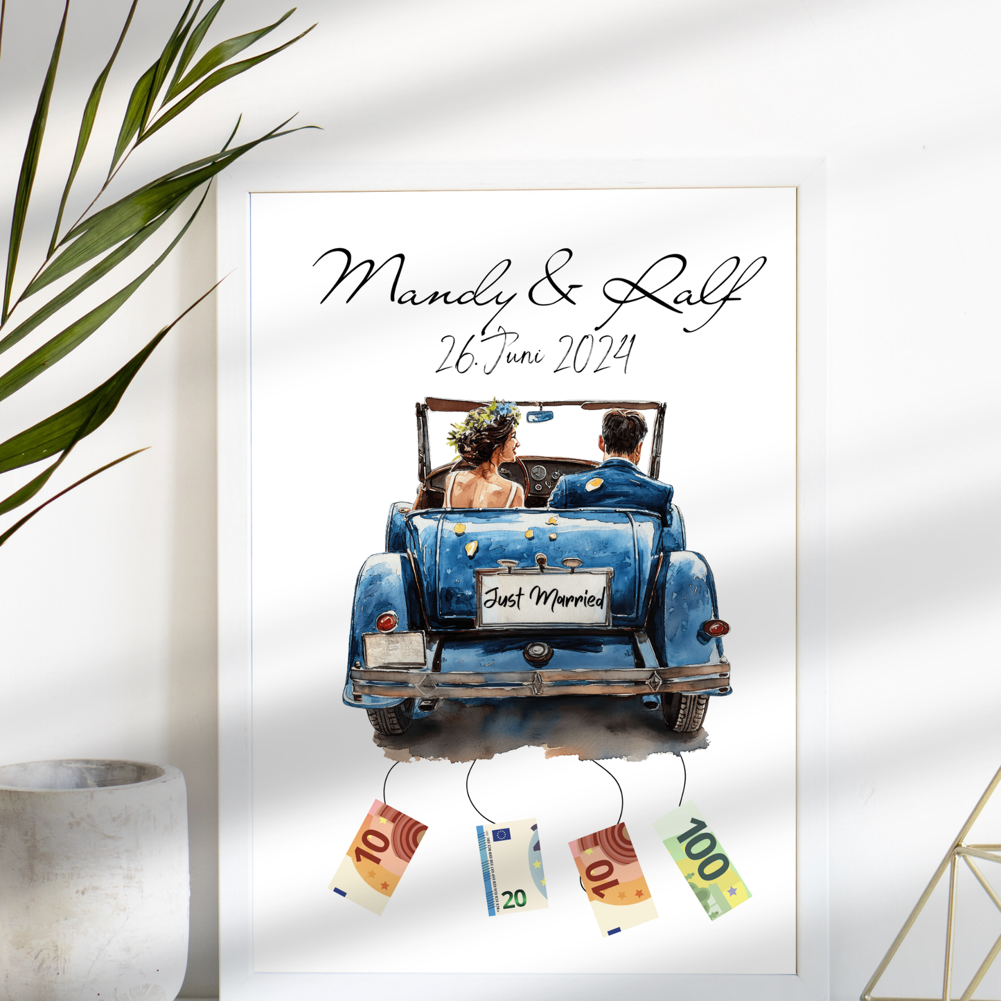 Personalisierbares Geldgeschenk zur Hochzeit mit Brautpaar im Auto. Digitaler Download, sofort ausdruckbar – perfekt für Hochzeitsreise & Last Minute.