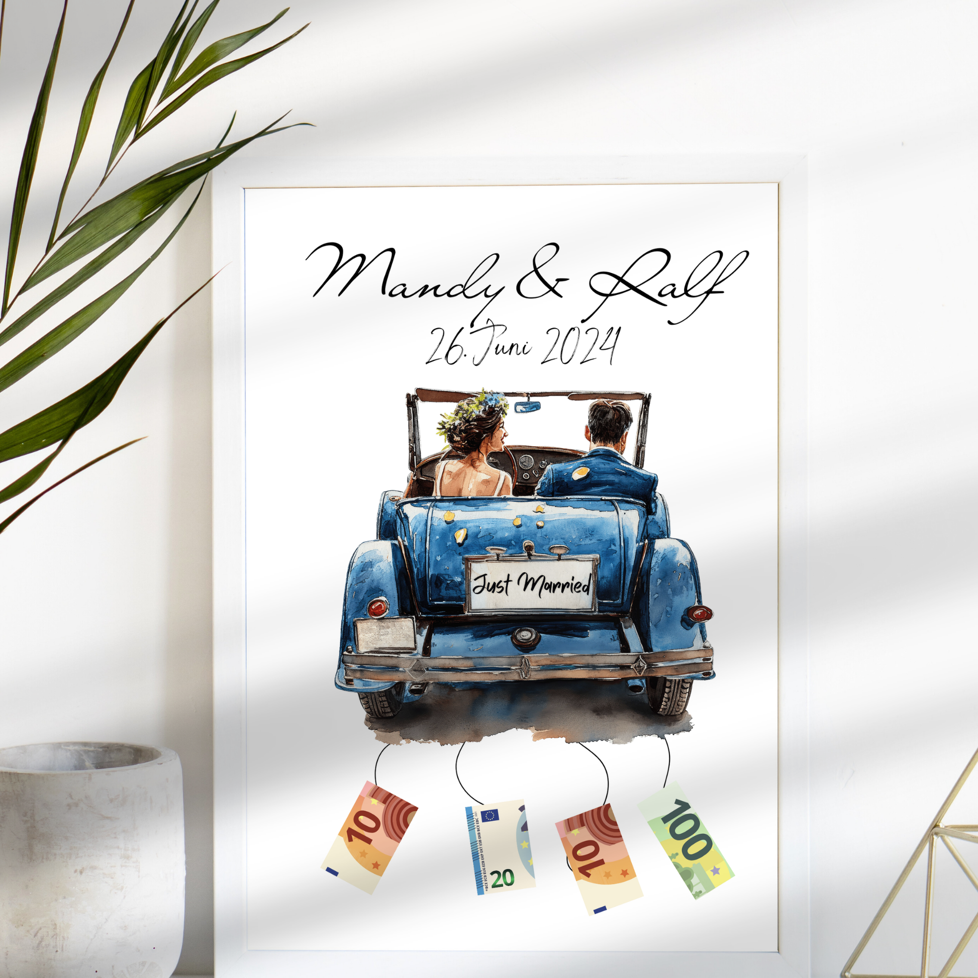 Personalisierbares Geldgeschenk zur Hochzeit mit Brautpaar im Auto. Digitaler Download, sofort ausdruckbar – perfekt für Hochzeitsreise & Last Minute.