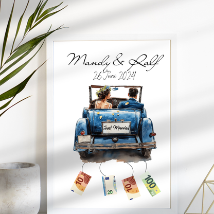 Personalisierbares Geldgeschenk zur Hochzeit mit Brautpaar im Auto. Digitaler Download, sofort ausdruckbar – perfekt für Hochzeitsreise & Last Minute.