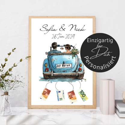 Originelles Geldgeschenk Hochzeit mit Hochzeitsauto | Personalisiert mit Namen & Datum | Digitaler Download | Perfekt für Flitterwochen & Last-Minute.