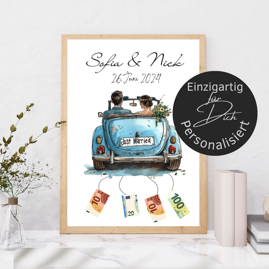 Originelles Geldgeschenk Hochzeit mit Hochzeitsauto | Personalisiert mit Namen & Datum | Digitaler Download | Perfekt für Flitterwochen & Last-Minute.