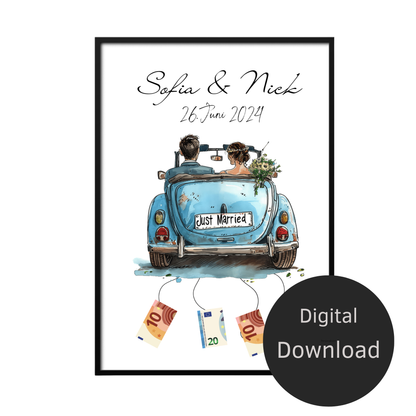 Originelles Geldgeschenk Hochzeit mit Hochzeitsauto | Personalisiert mit Namen & Datum | Digitaler Download | Perfekt für Flitterwochen & Last-Minute.