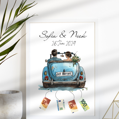 Originelles Geldgeschenk Hochzeit mit Hochzeitsauto | Personalisiert mit Namen & Datum | Digitaler Download | Perfekt für Flitterwochen & Last-Minute.