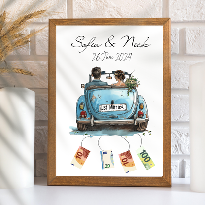 Originelles Geldgeschenk Hochzeit mit Hochzeitsauto | Personalisiert mit Namen & Datum | Digitaler Download | Perfekt für Flitterwochen & Last-Minute.